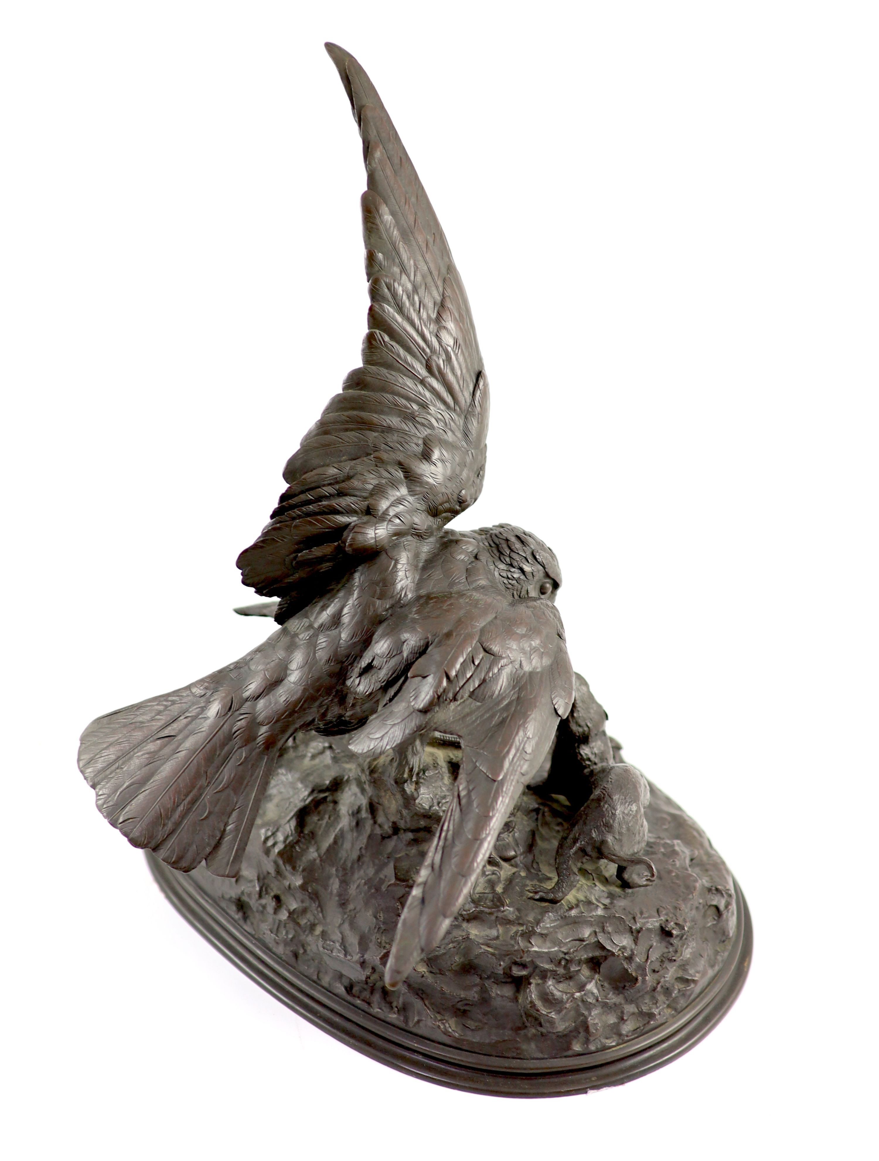 Jules Moigniez (1835-1894), an animalier bronze group of a sparrow hawk, weasel and hedge bird, H 46cm. W 36cm. D 28cm.